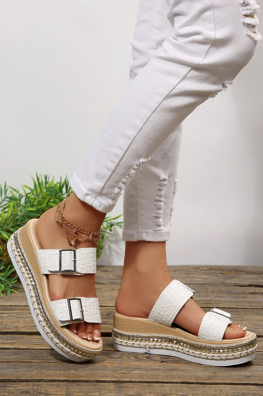 DLLSHOE 162 - White Metallic Textured PU Leather Buckle Wedge Platform Slippers