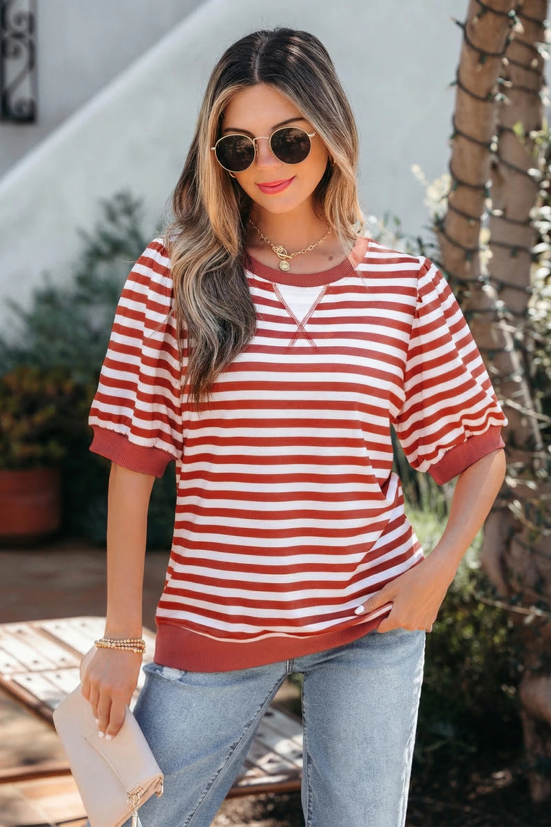 Load image into Gallery viewer, DLLS937 - Ladies Orange Stripe Short Bubble Sleeve T Shirt
