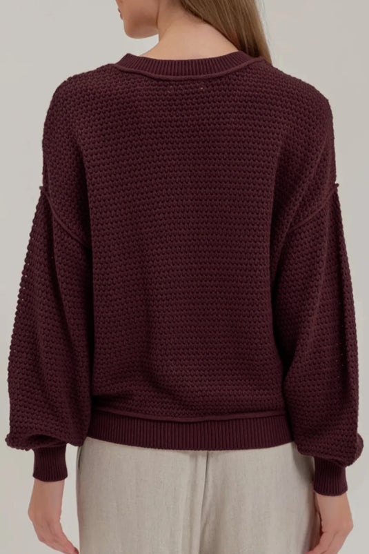 DLLS1091 - Ladies Brown Checkered Pattern Knit Loose Pullover Sweater