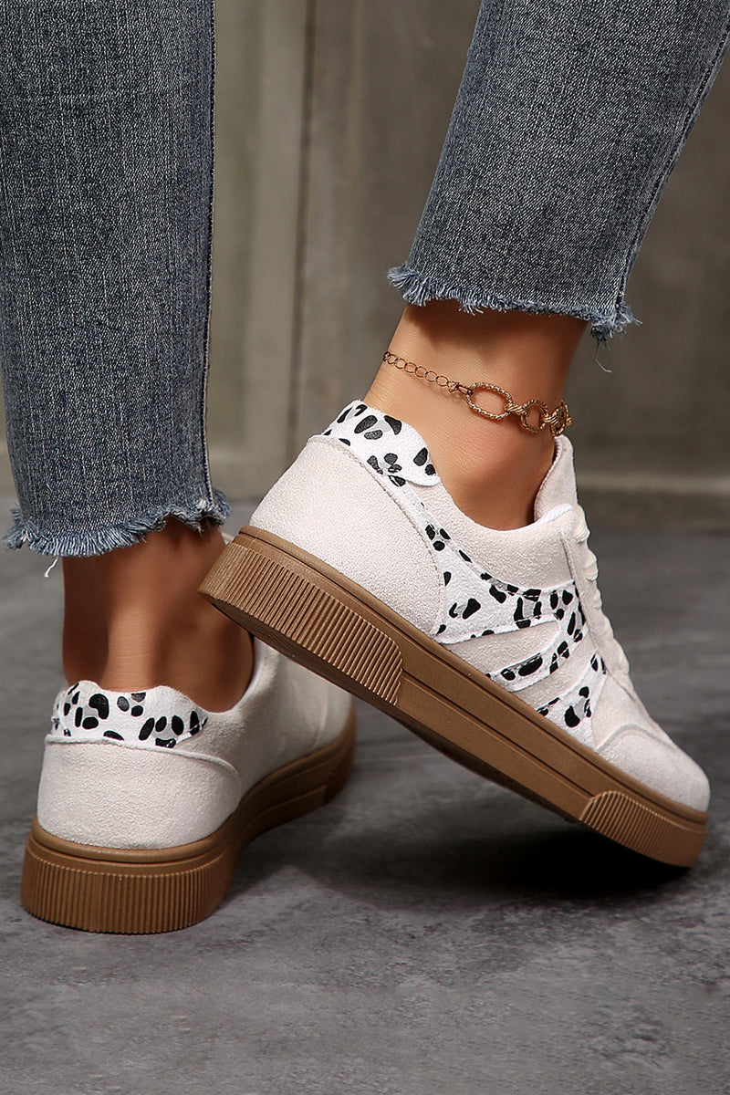 Load image into Gallery viewer, DLLSHOE 82 - White Suede Leopard Color Block Trim Lace-up Casual Shoes

