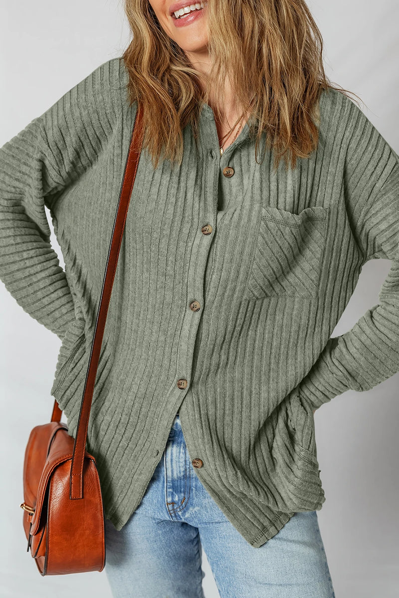 Load image into Gallery viewer, DLLS278 - Ladies Mist Green Thermal Ribbed Texture Drop Shoulder Button Up Shacket
