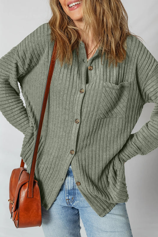 DLLS278 - Ladies Mist Green Thermal Ribbed Texture Drop Shoulder Button Up Shacket
