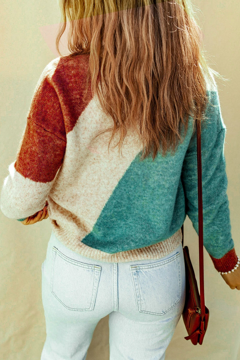 Load image into Gallery viewer, DLLS317 - Ladies Multicolor Colorblock Ribbed Trim Round Neck Sweater

