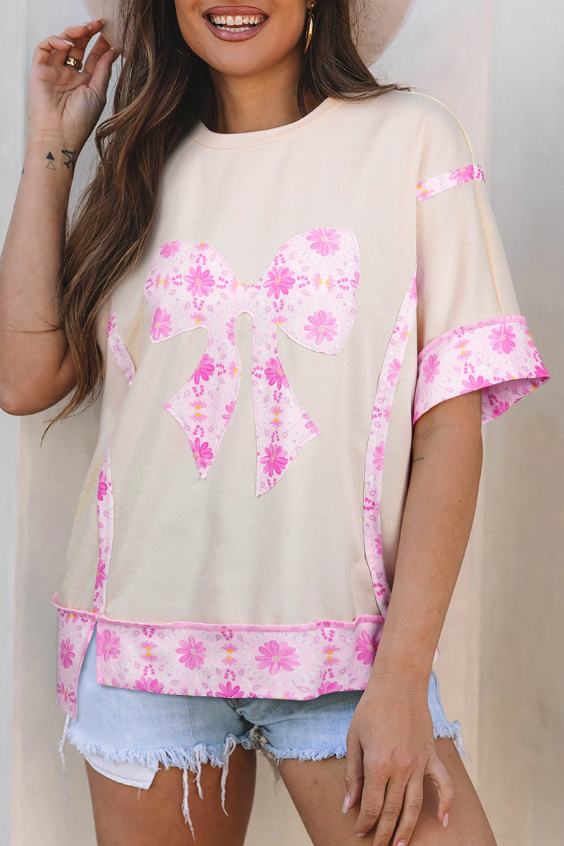 Load image into Gallery viewer, DLLS631 - Ladies Apricot Daisy Floral Bow Contrast Patchwork Loose T Shirt
