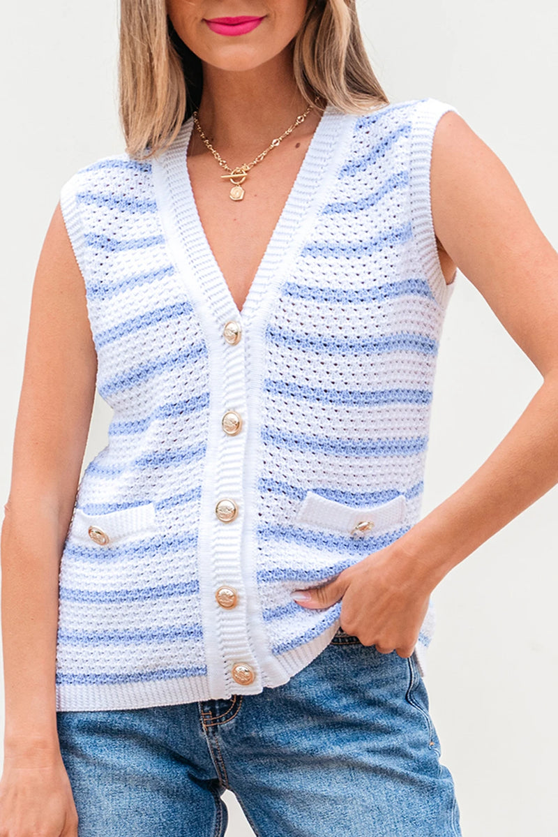 Load image into Gallery viewer, DLLS459 - Ladies Sky Blue Stripe V Neck Gold Buttons Elegant Sweater Vest
