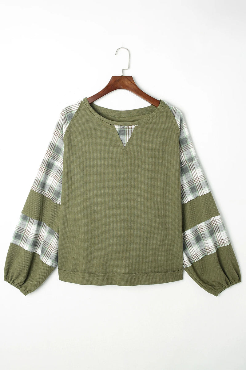 Load image into Gallery viewer, DLLS1145 - Ladies Green Plaid Patch Waffle Knit Exposed Seam Bubble Sleeve Top
