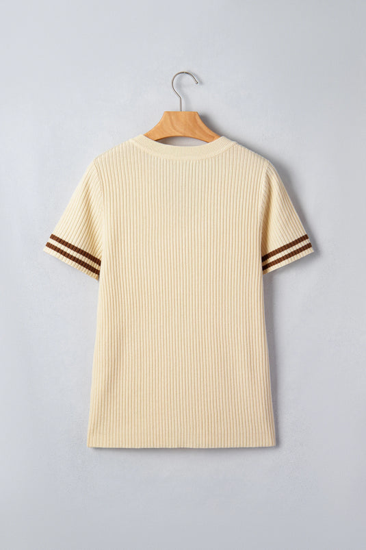 DLLS580 - Ladies Apricot V Neck Ribbed Knit Striped Trim Short Sleeve Sweater