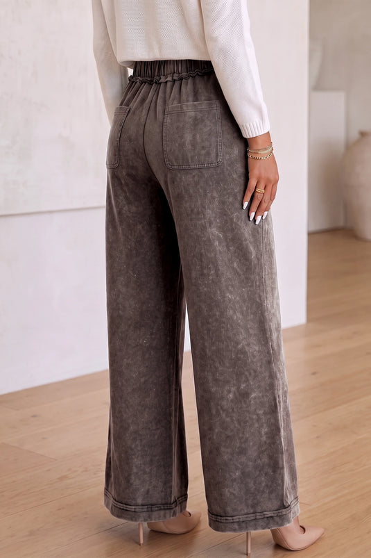 DLLS1142 - Ladies Coffee Mineral Wash Seam Detail Flare Leg Drawstring Pants