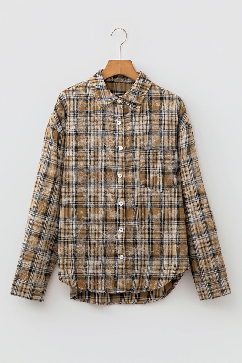Load image into Gallery viewer, DLLS793 - Ladies Brown Retro Plaid Long Sleeve Button Down Shirt
