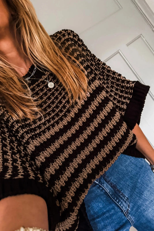 DLLS308 - Ladies Black Stripe 3/4 Draped Sleeve Slouchy Sweater