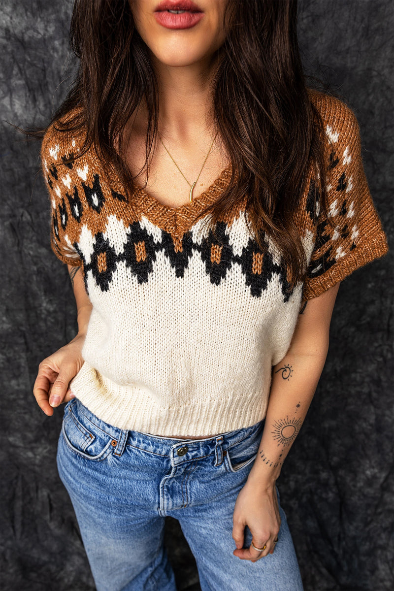 Load image into Gallery viewer, DLLS658 - Ladies Brown Geometric Pattern V Neck Short Sleeve Western Style Knit Top
