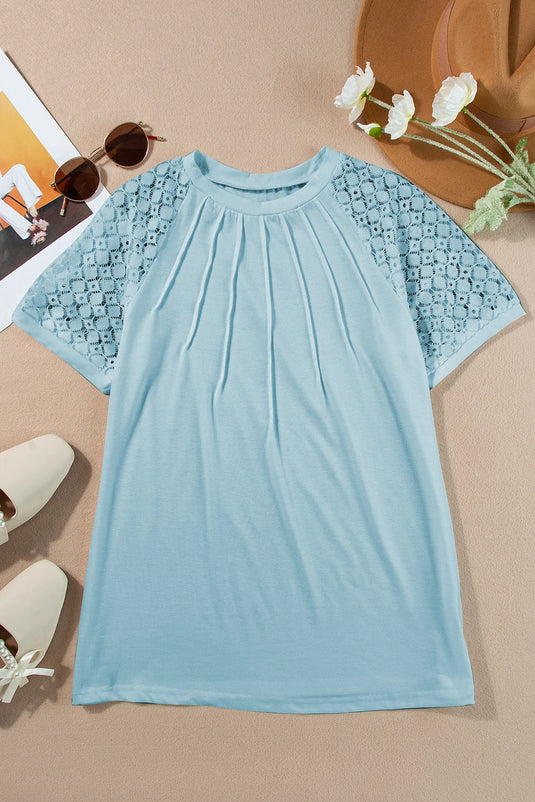 DLLS477 - Ladies Mist Blue Contrast Lace Raglan Sleeve Tee