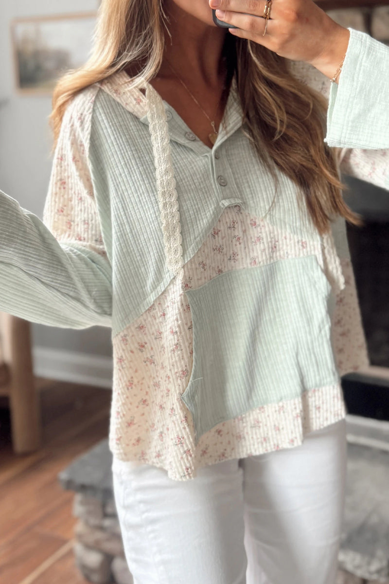 Load image into Gallery viewer, DLLS955 - Ladies Clearly Aqua Textured Floral Patchwork Button Hooded Long Sleeve Top
