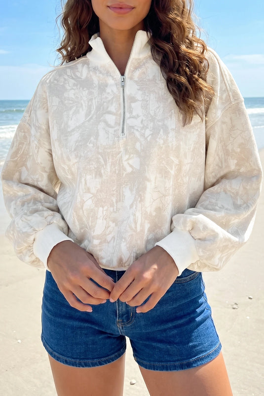 DLLS791 - Ladies Khaki Camouflage Print Quarter-Zip Long Sleeve Sweatshirt