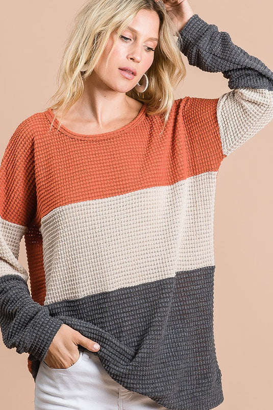 BIBI8- Ladies Color Block Popcorn Waffle Knit Pullover
