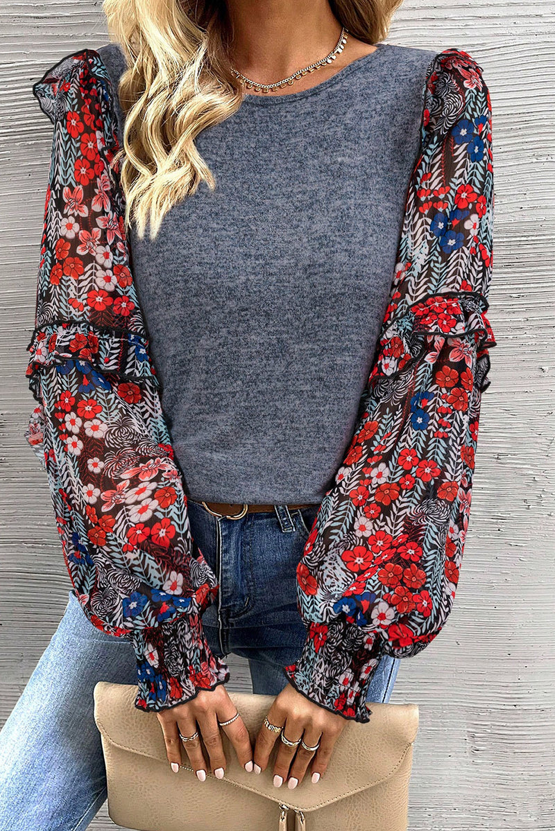 Load image into Gallery viewer, DLLS114 - Ladies Blue Pale Chestnut Ruffle Tiered Floral Sleeve Crew Neck Blouse
