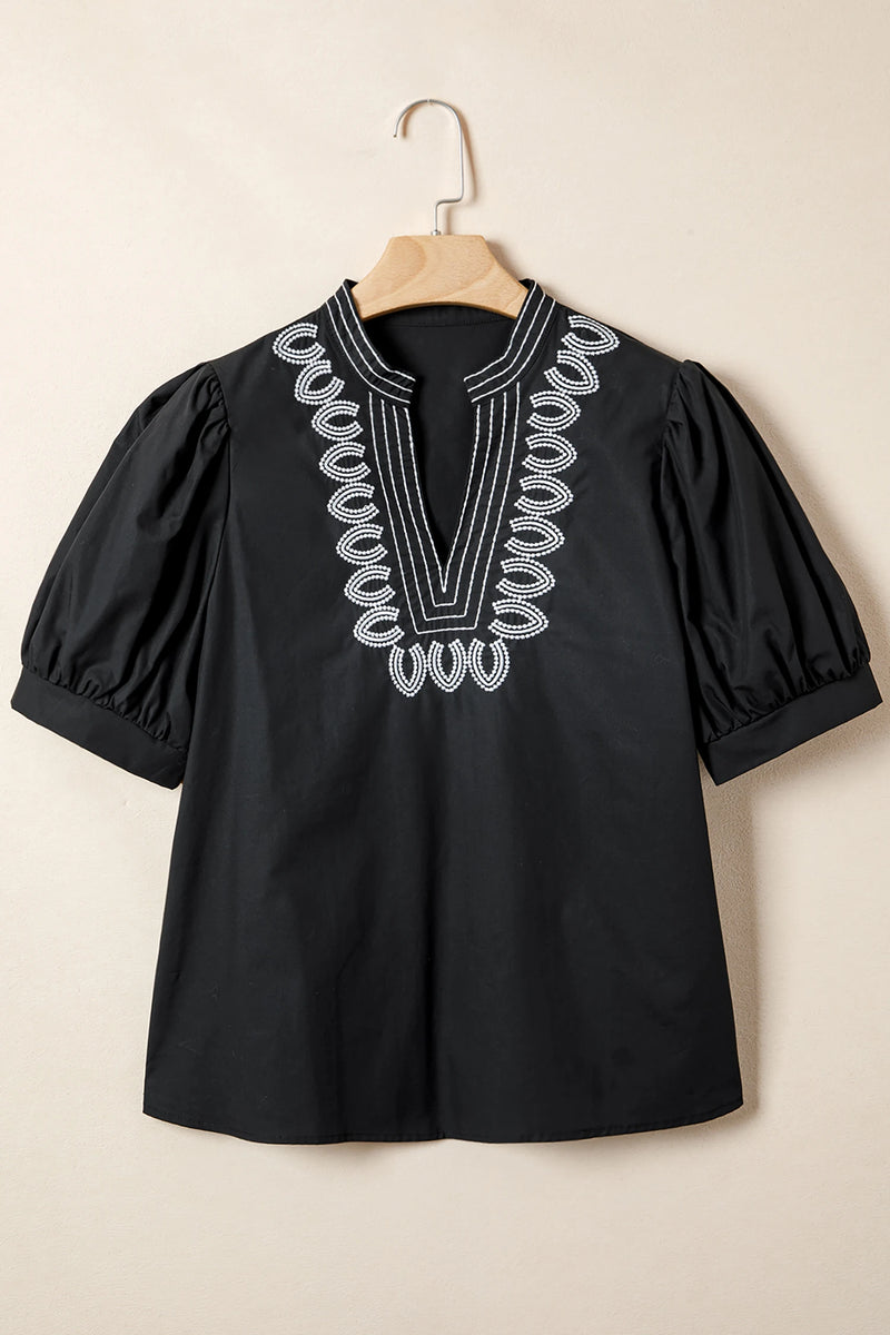 Load image into Gallery viewer, DLLS364 - Ladies Black Short Puff Sleeve Contrast Embroidered Detail V Neck Blouse
