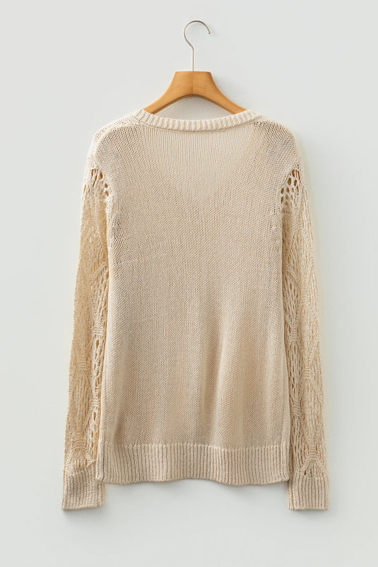 DLLS387- Ladies Jet Stream Solid V Neck Pointelle Knit Sleeve Patchwork Sweater