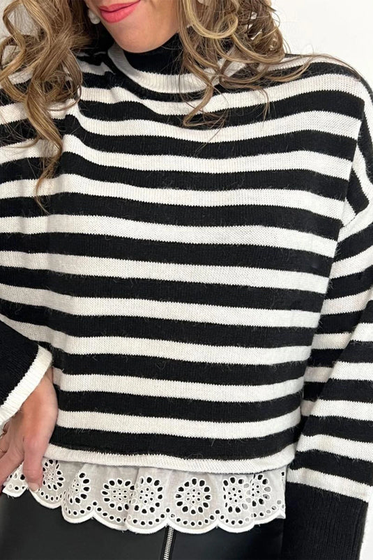 DLLS1077 - Ladies Black Striped High Neck Contrast Ruffle Detail Casual Sweater