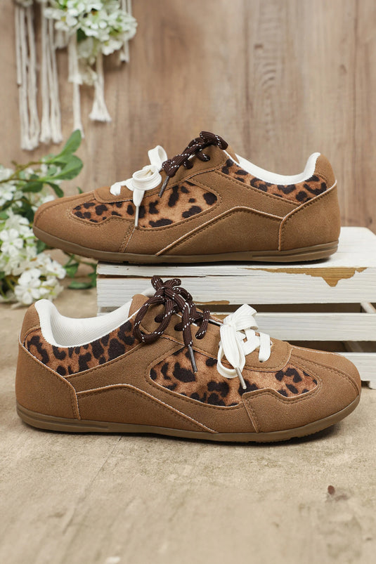 DLLSHOE 168 - Thai Curry Lace-Up PU Leather Leopard Print Casual Flat Shoes