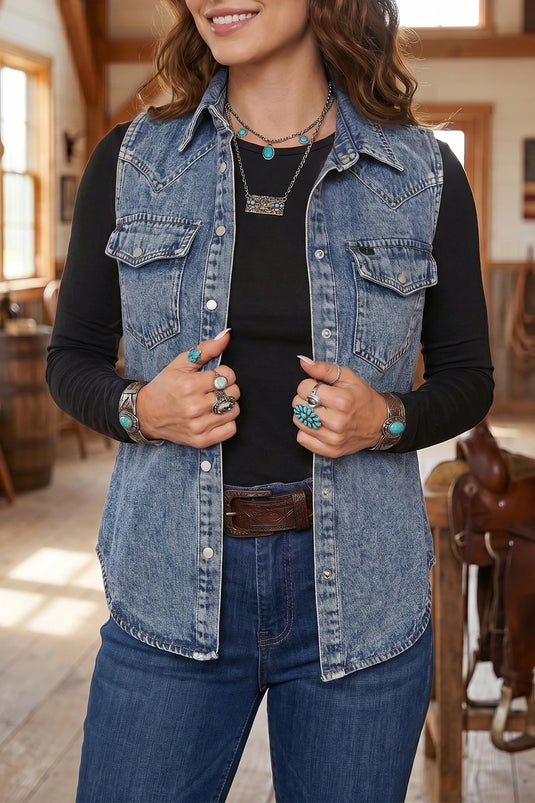 DLLS787 - Ladies Ashleigh Blue Solid Denim Button Front Pocket Sleeveless Cowboy Vest