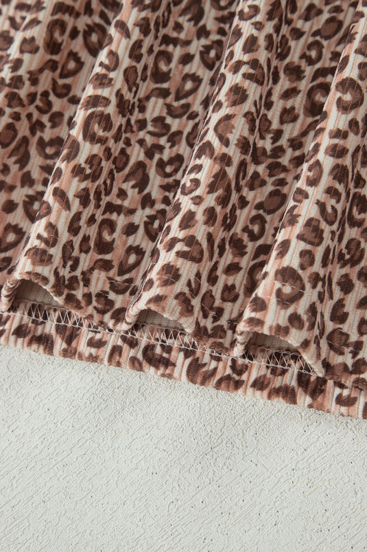 DLLS703 - Ladies Brown Leopard Print Ribbed Patchwork Half Button Loose Tee Elastic Waist Short 2pcs Set