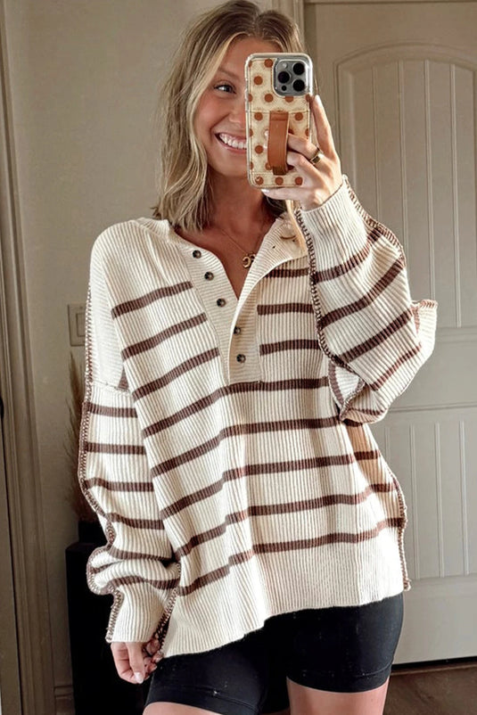 DLLS227 - Ladies Brown Stripe Ribbed Henley Drop Shoulder Slouchy Sweater