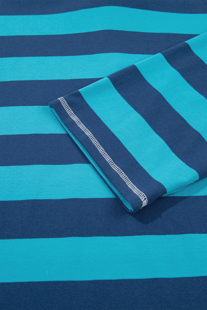 Load image into Gallery viewer, DLLS1152 - Ladies Blue Stripe Contrast Polo Collar Bracelet Sleeve Loose Top
