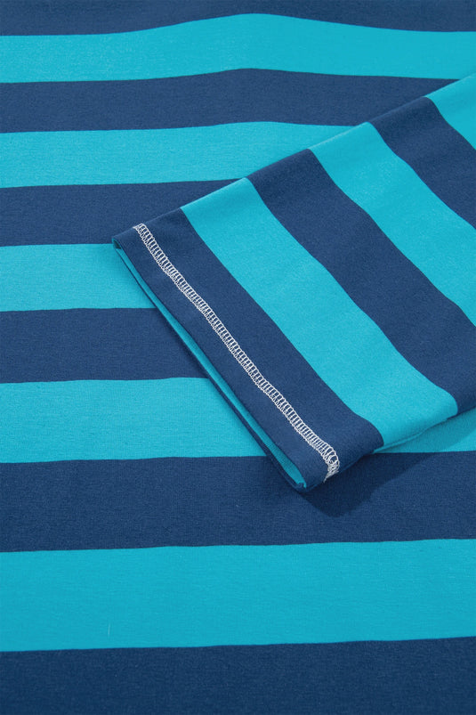 DLLS1152 - Ladies Blue Stripe Contrast Polo Collar Bracelet Sleeve Loose Top