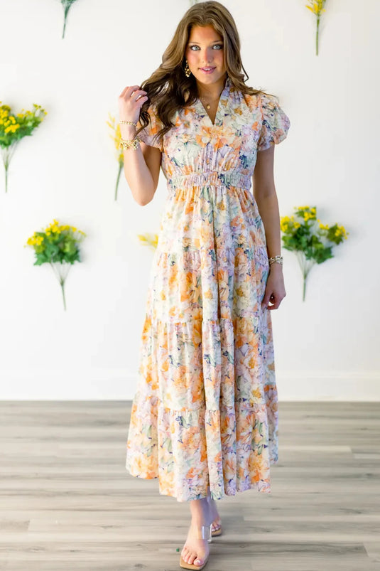 DLLS607 - Ladies Orange Floral Bubble Sleeve V Neck Flared Maxi Dress