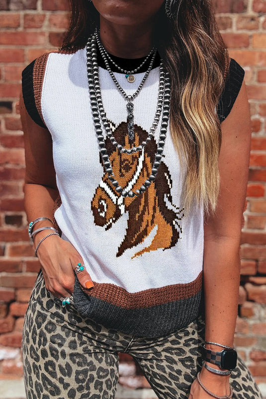 DLLS554 - Ladies White Western Horse Head Color Block Trim Sweater Vest