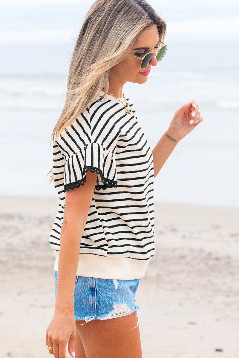 Load image into Gallery viewer, DLLS430 - Ladies Black Stripe Scallop Lace Trim Ruffle Short Sleeves Crewneck Top
