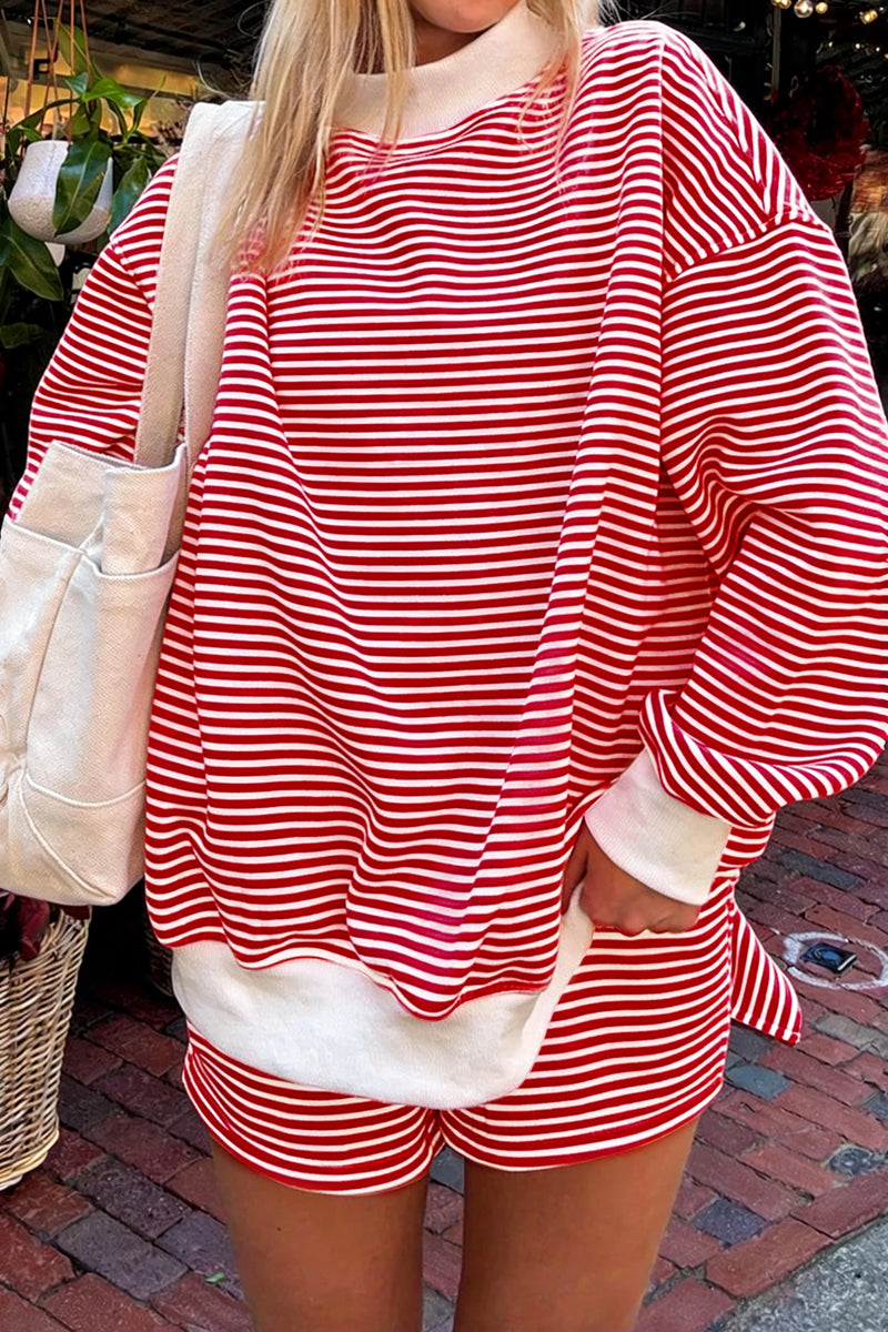 Load image into Gallery viewer, DLLS774 - Ladies Red Stripe Oversize Mock Neck Sweatshirt and Shorts Set
