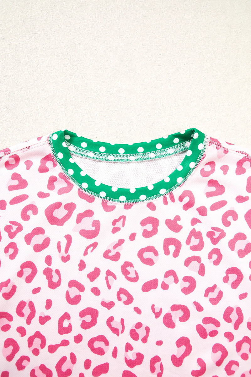 Load image into Gallery viewer, DLLS998 - Ladies Pink Leopard Polka Dot Colorblock Trim Long Sleeve Top
