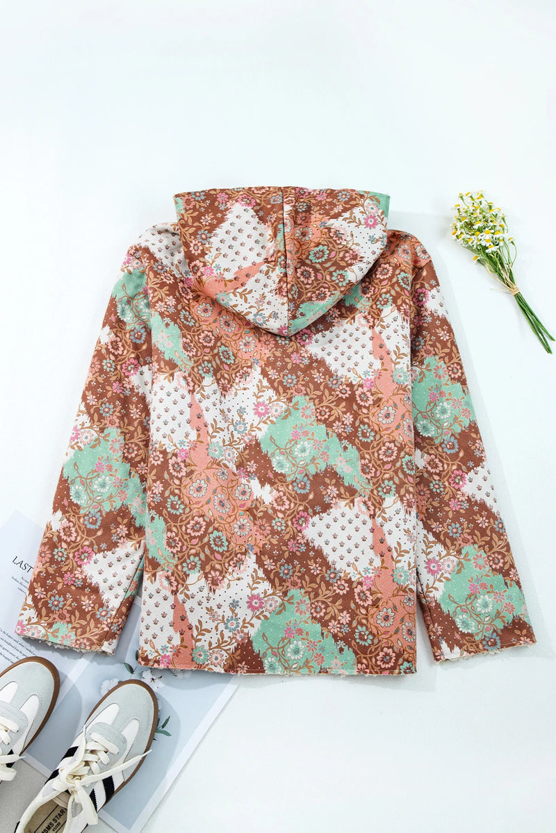 Load image into Gallery viewer, DLLS166 - Ladies Khaki Vintage Floral Printed Sherpa Lined Hooded Jacket
