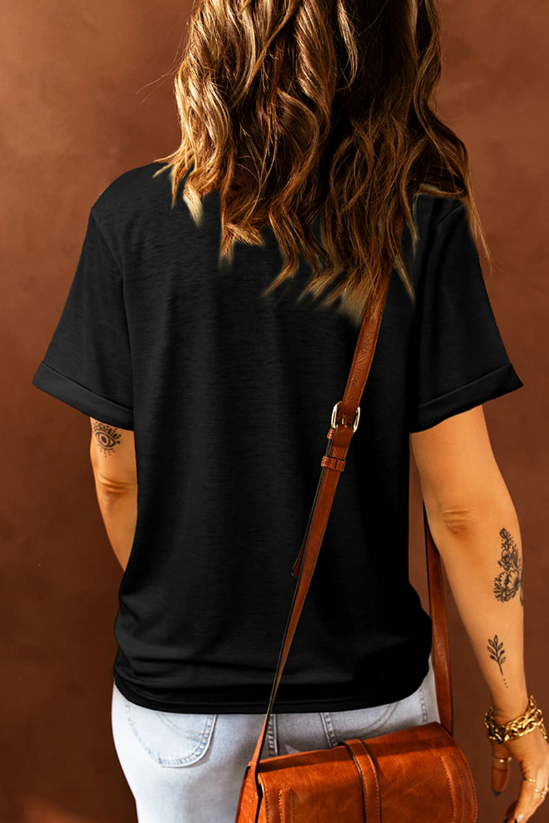 Load image into Gallery viewer, DLLS989 - Ladies Black Sequined Thankful Round Neck Graphic Tee
