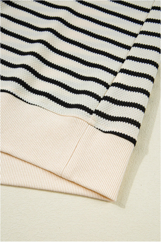 DLLS430 - Ladies Black Stripe Scallop Lace Trim Ruffle Short Sleeves Crewneck Top