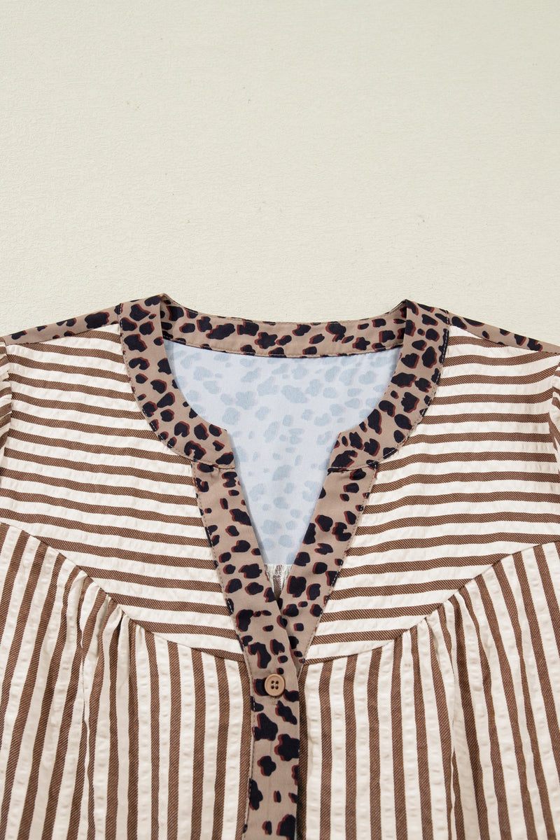 Load image into Gallery viewer, DLLS399 - Ladies Brown Stripe Leopard Trim V Neck Button Down Half Sleeve Shirt
