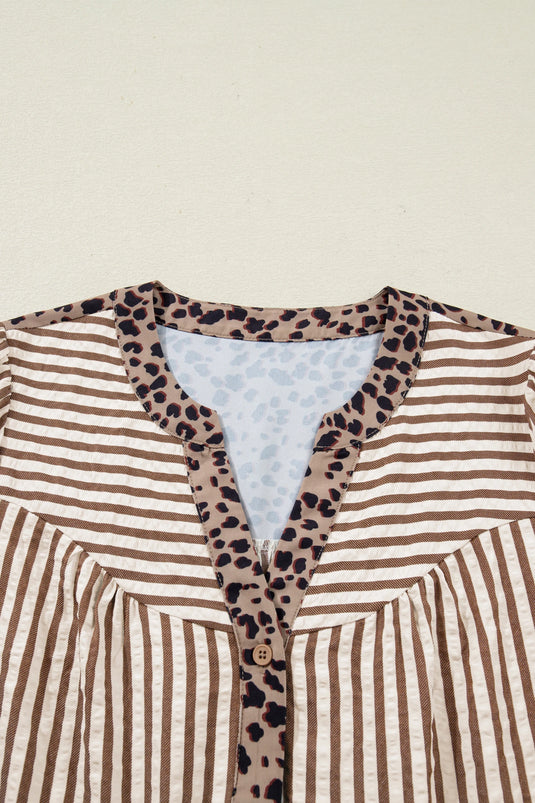 DLLS399 - Ladies Brown Stripe Leopard Trim V Neck Button Down Half Sleeve Shirt