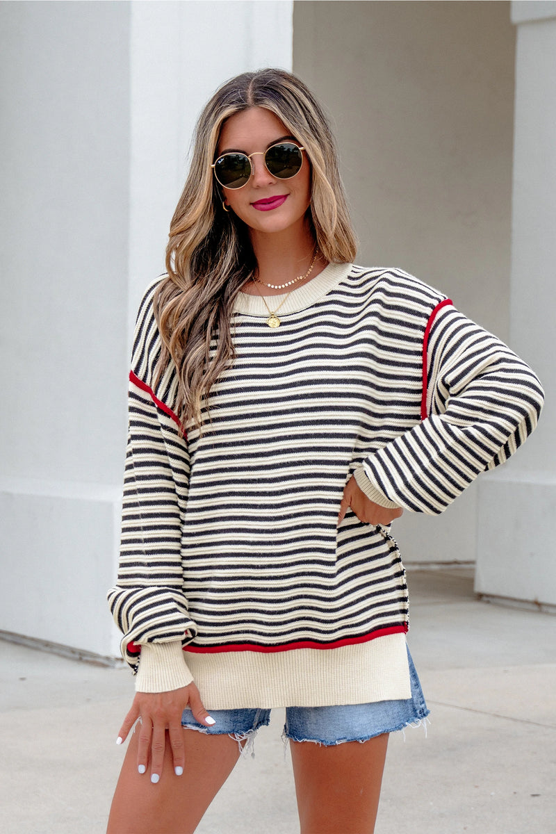 Load image into Gallery viewer, DLLS1082 - Ladies Black Stripe Ribbed Trim Drop Shoulder Oversized Sweater
