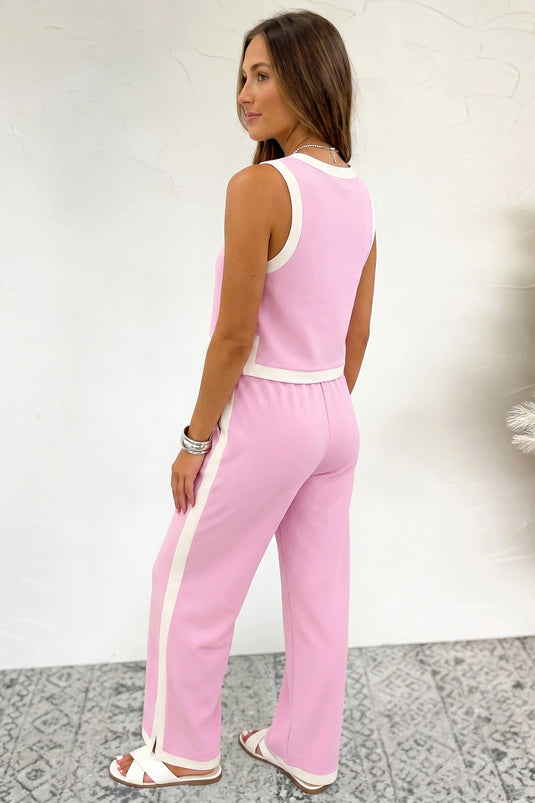 DLLS602 - Ladies Pink Colorblock Trim Cropped Tank Elastic Waist Shift Pants 2pcs Set