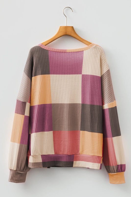 DLLS198 - Ladies Rose Red Checkered Print Textured Knit Long Sleeve Loose Top