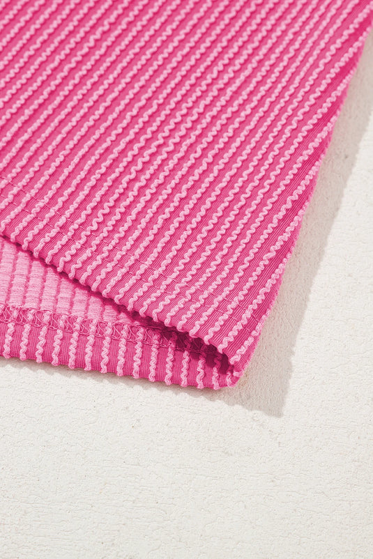 DLLS711 - Ladies Bright Pink Plain Corded Knit Mock Neck T Shirt
