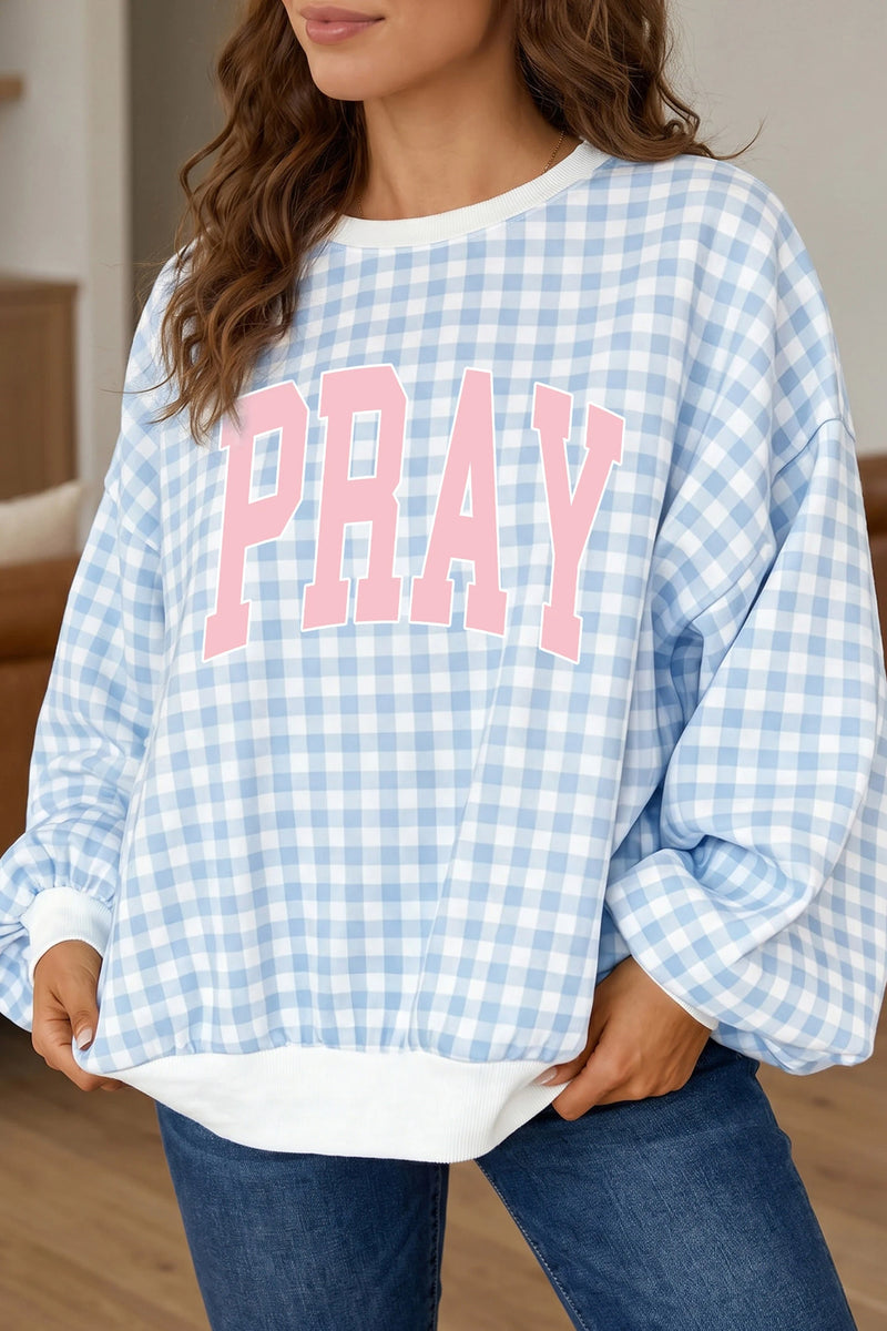Load image into Gallery viewer, DLLS1045 - Ladies Light Blue PRAY Slogan Graphic Pullover Sweatshirt
