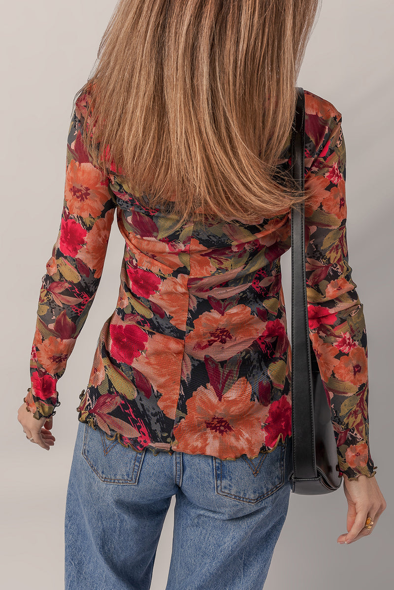Load image into Gallery viewer, DLLS128 - Ladies Multicolour Floral Print Lettuce Trim Long Sleeve Mesh Top
