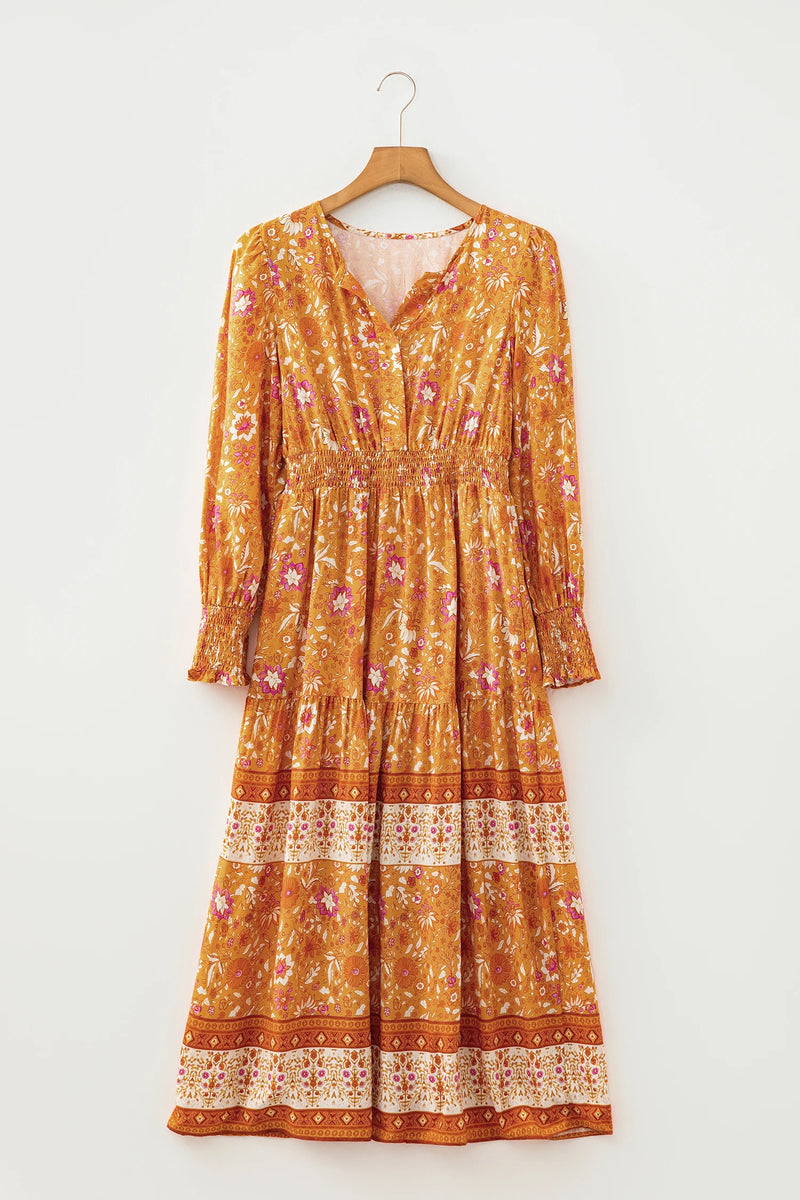 Load image into Gallery viewer, DLLS995 - Ladies Orange Floral Print Smocked Waist Long Sleeve Boho Maxi Dress
