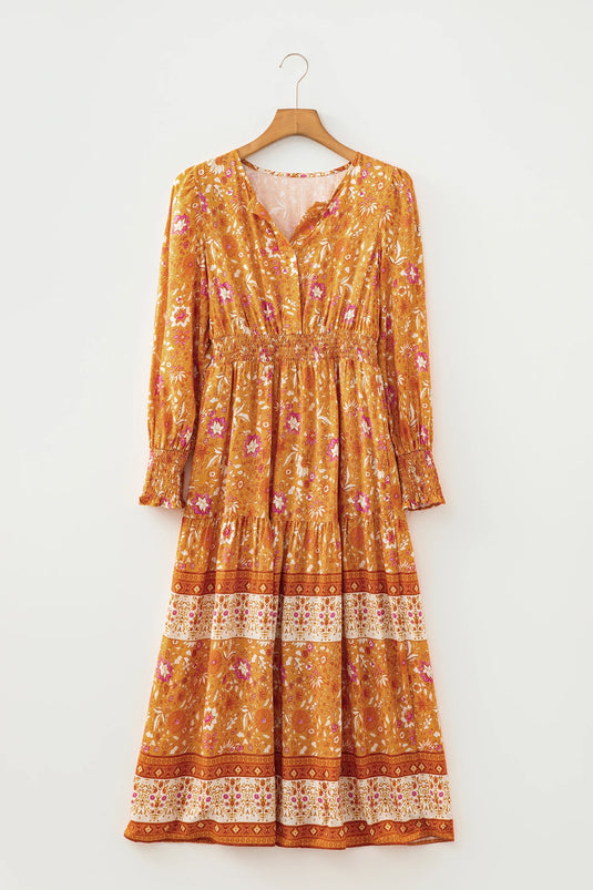 DLLS995 - Ladies Orange Floral Print Smocked Waist Long Sleeve Boho Maxi Dress