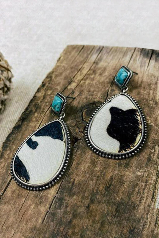 DLLER 1 - Black Cow Print Turquoise Drop Earrings