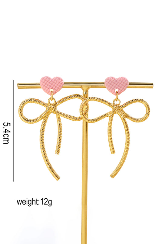 DLLER 27 - Pink Waffled Heart Stud Gold Plated Bow Dangle Earrings