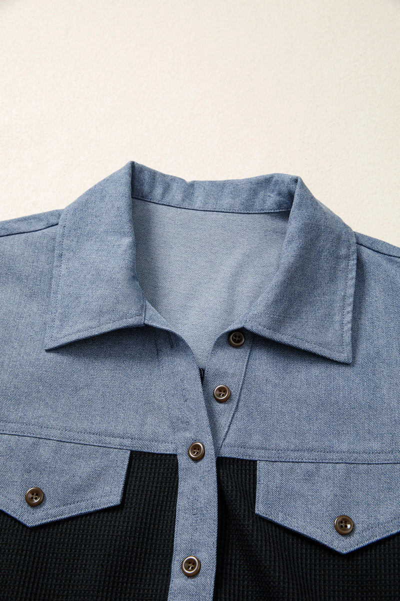 Load image into Gallery viewer, DLLS942 - Ladies Black Waffle Knit Denim Color Block Patchwork Button Flap Polo Top
